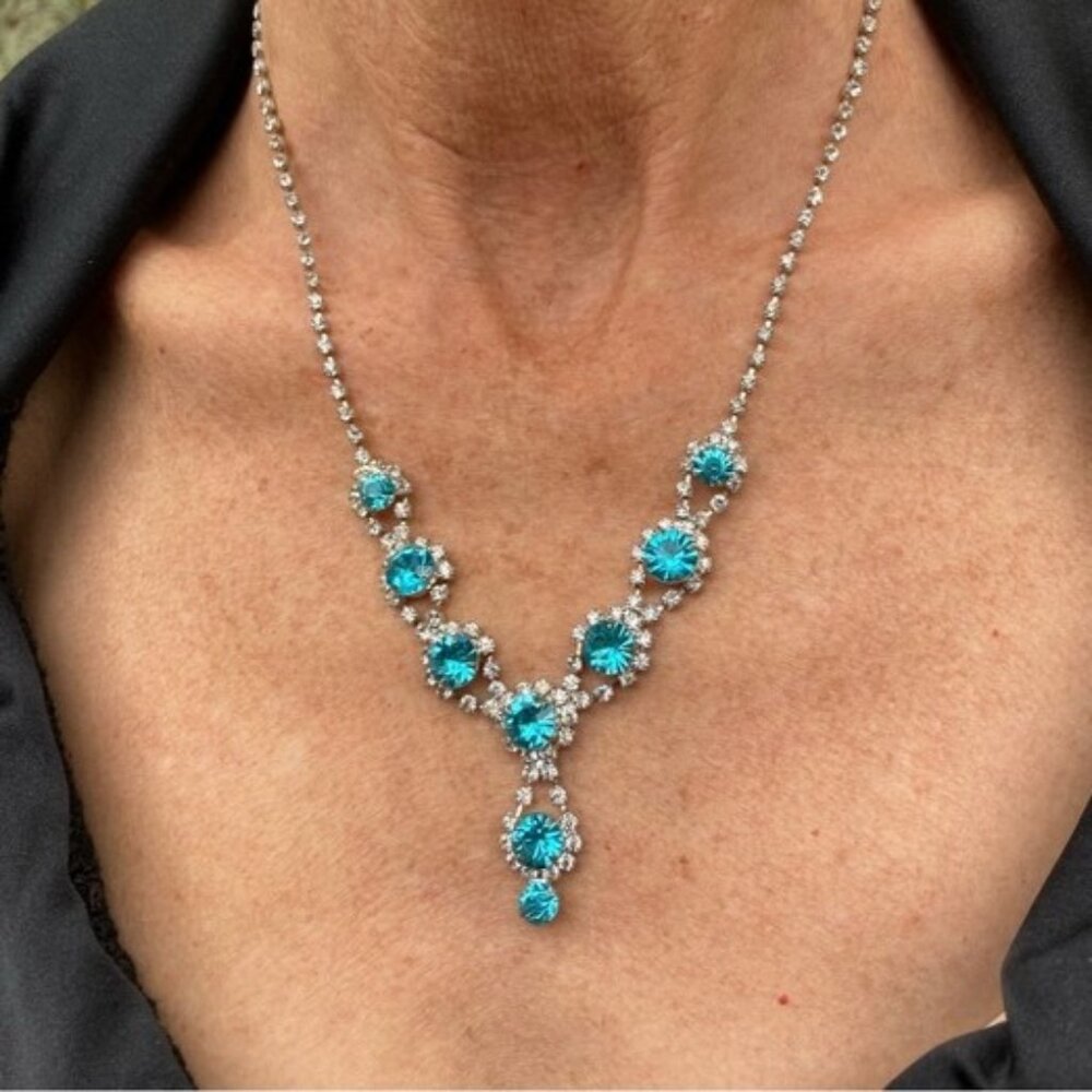 NWT Blue & Silver-Toned Rhinestone Necklace & Earring Set.